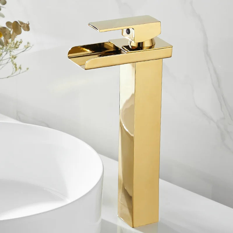 Basin Faucet Gold Waterfall Faucet Bathroom Faucet Deck Mounted Bathroom Toilet Basin Faucet Mixer Tap Hot and Cold Sink Faucet