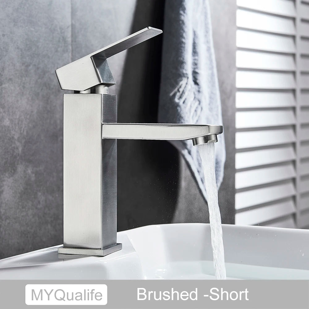 Black Deck Mounted Bathroom Basin Mixer Tap Square Single Handle Basin Vessel Sink Faucet Hot Cold Water Faucet for Basin