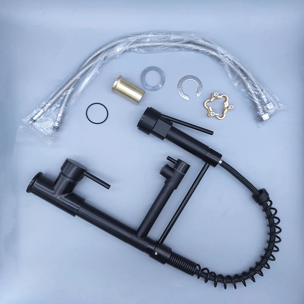 DQOK Black Brushed Spring Pull Down Kitchen Sink Faucet Hot & Cold Water Mixer Crane Tap with Dual Spout Deck Mounted