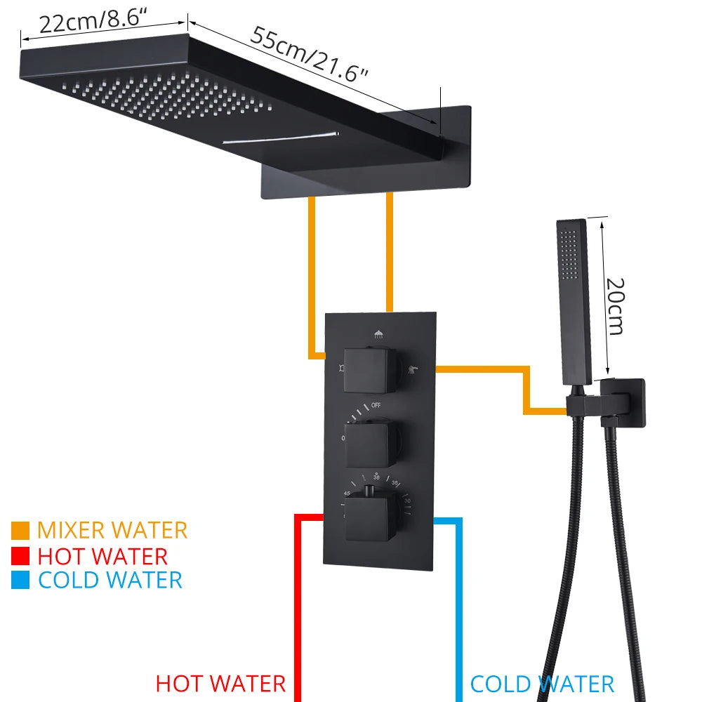 Luxury Waterfall Rainfall Shower Faucet Thermostat Valve Mixers Wall Mounted Thermostatic Shower Set With Handshower