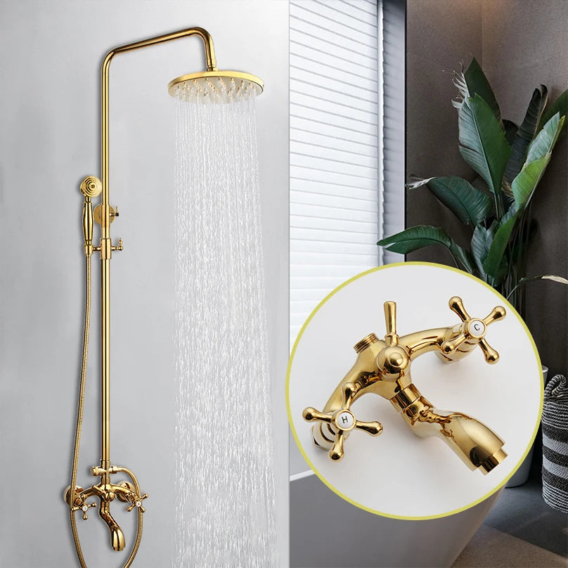 YANKSMART Gold Polished Bathroom Shower System Faucet Set Wall Mounted 3 Functions Rainfall Round Showers Head Mixer Water Tap