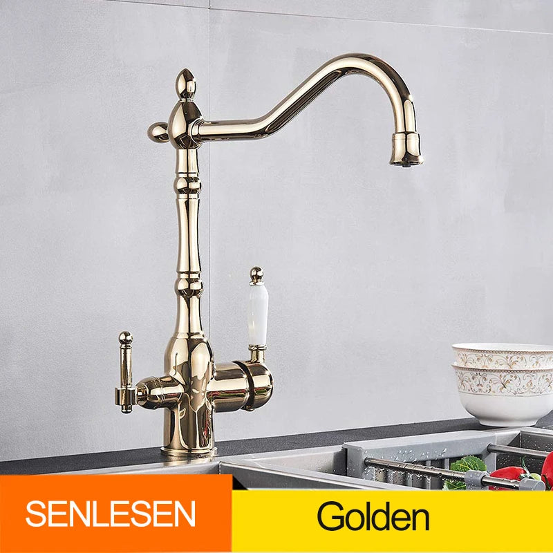 Golden Kitchen Filter Faucet Brass 360 Rotation Purification Kitchen Faucet Double Handle Dual Water Mode Hot Cold Mixer Taps
