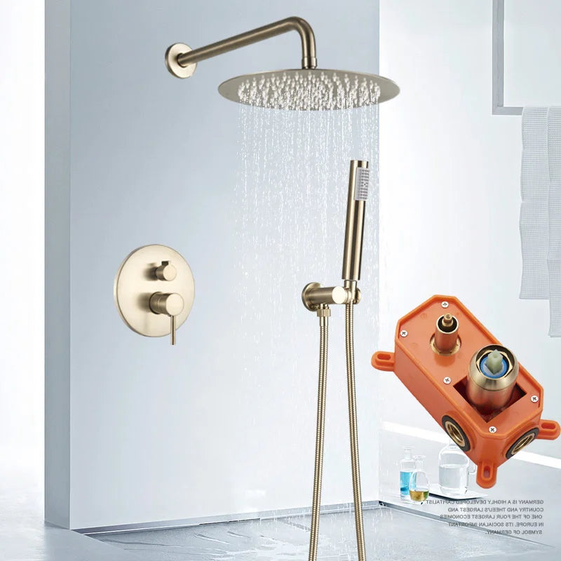Bathroom Rainfall Shower Tap Brushed Gold Shower Faucet Set Wall Mount Round Shap Bathtub Shower With ABS Shower  Mixer Tap