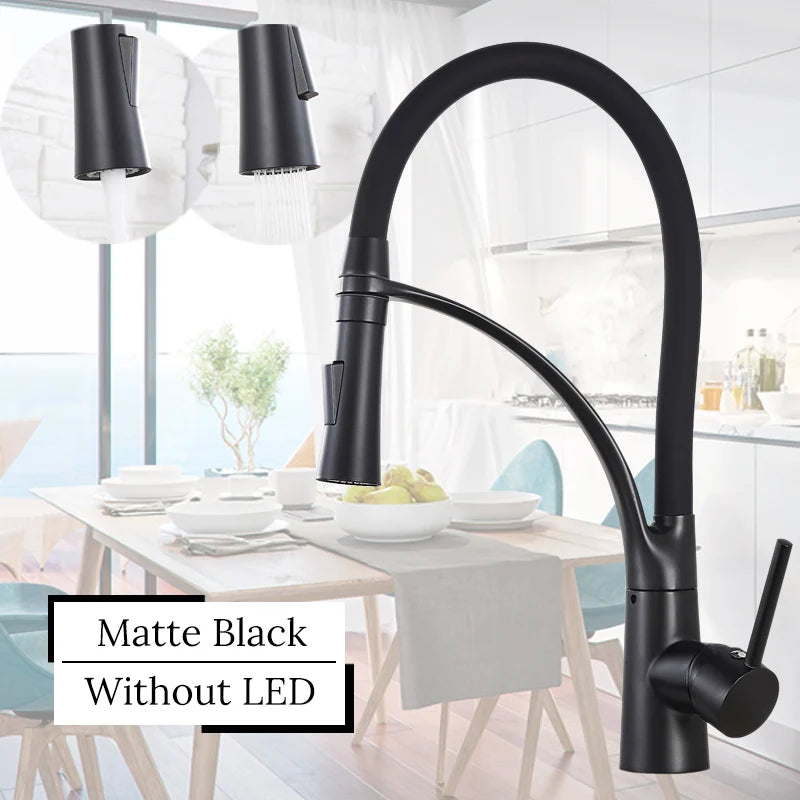 Black LED Kitchen Sink Faucet Swivel Pull Down Kitchen Faucet Sink Tap Mounted Deck Bathroom Mounted Hot and Cold Water Mixer