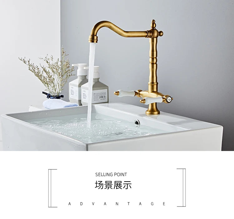 Faucet for Kitchen Dual Handle Antique Brass Retro Faucet 360 Degree Rotation Kitchen Sink Taps Deck Mounted Bathroom Sink Mixer