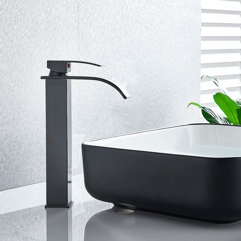 Matte Black Basin Faucet Waterfall Washbasin Vanity Above Counter Sink Faucet Hot & Cold Mixer Tap Deck Mounted Bathroom Crane