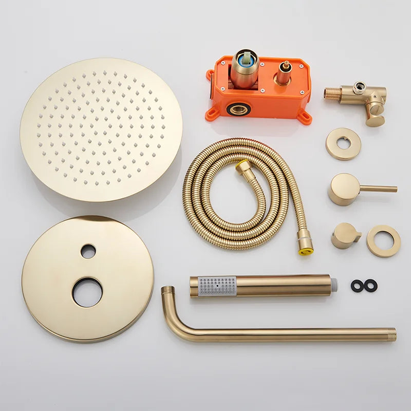 Bathroom Rainfall Shower Tap Brushed Gold Shower Faucet Set Wall Mount Round Shap Bathtub Shower With ABS Shower  Mixer Tap