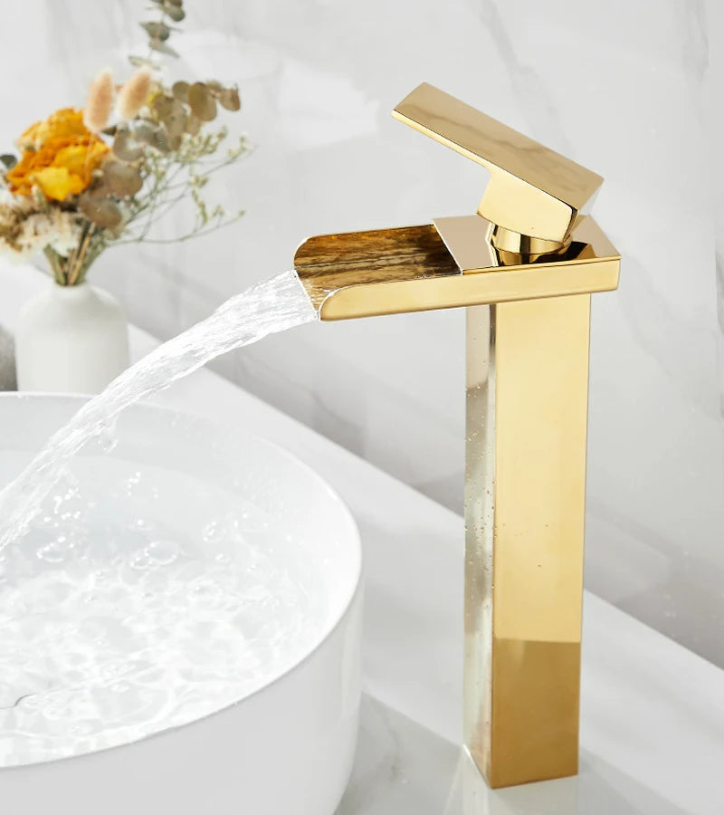 Basin Faucet Gold Waterfall Faucet Bathroom Faucet Deck Mounted Bathroom Toilet Basin Faucet Mixer Tap Hot and Cold Sink Faucet