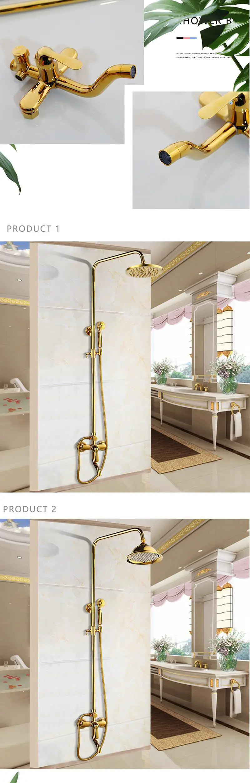 YANKSMART Gold Polished Bathroom Shower System Faucet Set Wall Mounted 3 Functions Rainfall Round Showers Head Mixer Water Tap