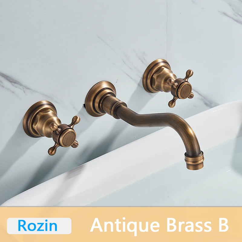 Rozin Black Basin Faucet Wall Mounted Dual Handles Bathroom Faucets Swivel Spout Antique Brass Crane Hot Cold Water Mixer Tap