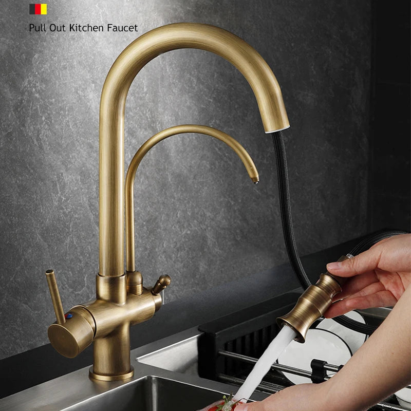 Filtered Pure Water Kitchen Faucet Deck Mount Antique Brass Faucet