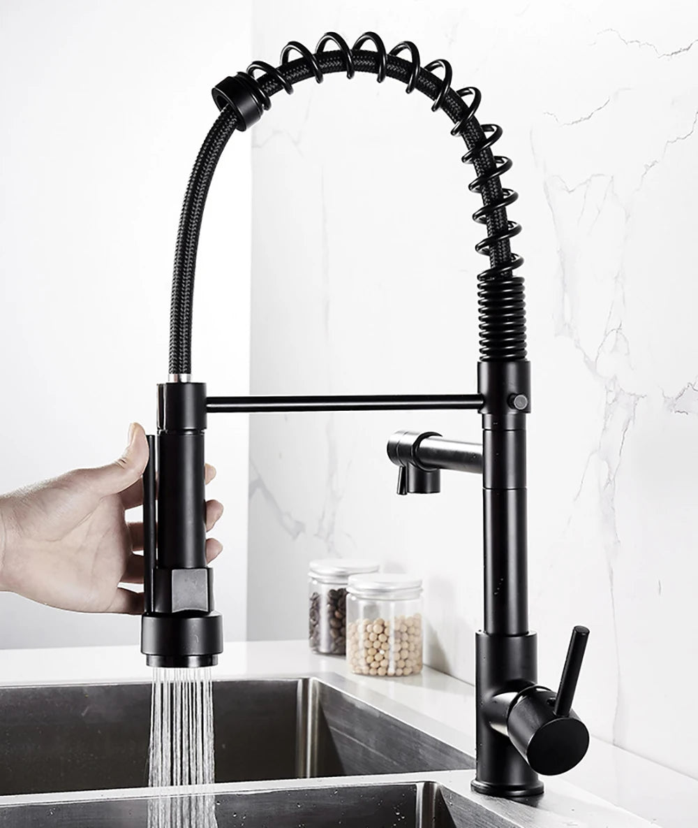 DQOK Black Brushed Spring Pull Down Kitchen Sink Faucet Hot & Cold Water Mixer Crane Tap with Dual Spout Deck Mounted