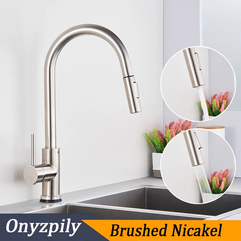 Brushed Smart Touch On Kitchen Faucet Sensor 360 Rotation Pull Out Single Handle Mixer Tap Two Water Modes Sink Crane Hot Cold