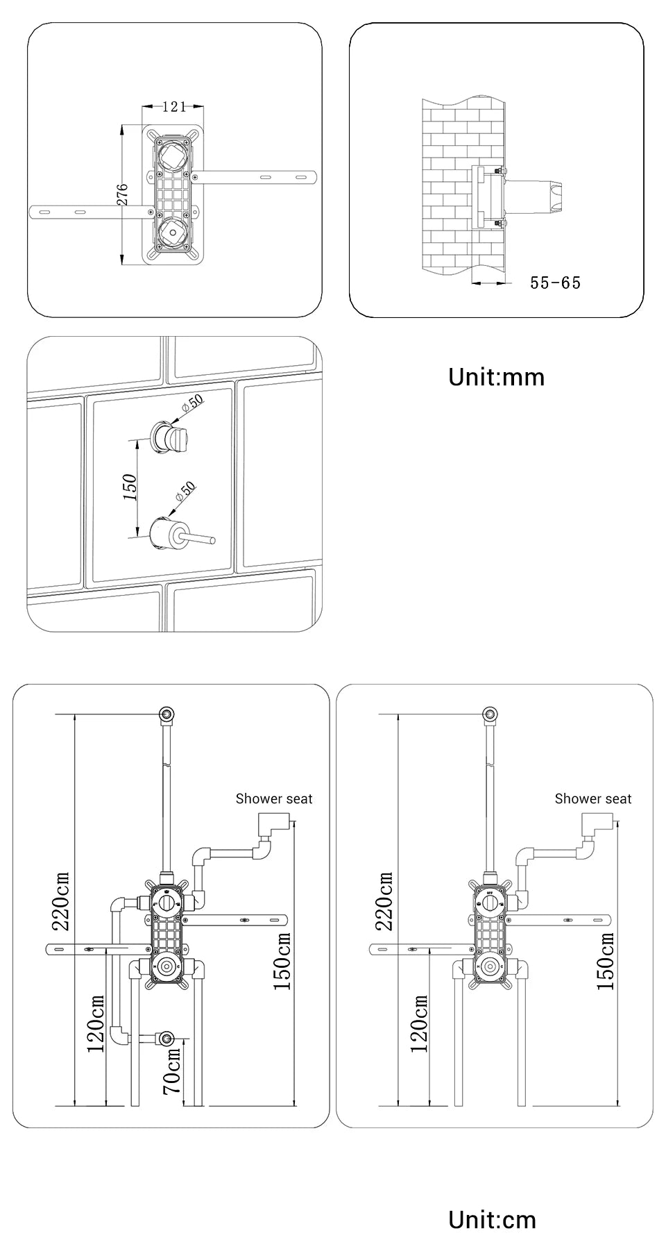 Bagnolux Brass Matte Black Wall Embed Mount 3-Function Concealed Shower System 10 Inch Top Rain Spray Bathroom Faucet