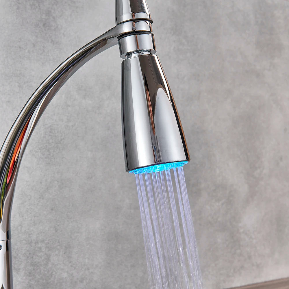 Black LED Kitchen Sink Faucet Swivel Pull Down Kitchen Faucet Sink Tap Mounted Deck Bathroom Mounted Hot and Cold Water Mixer