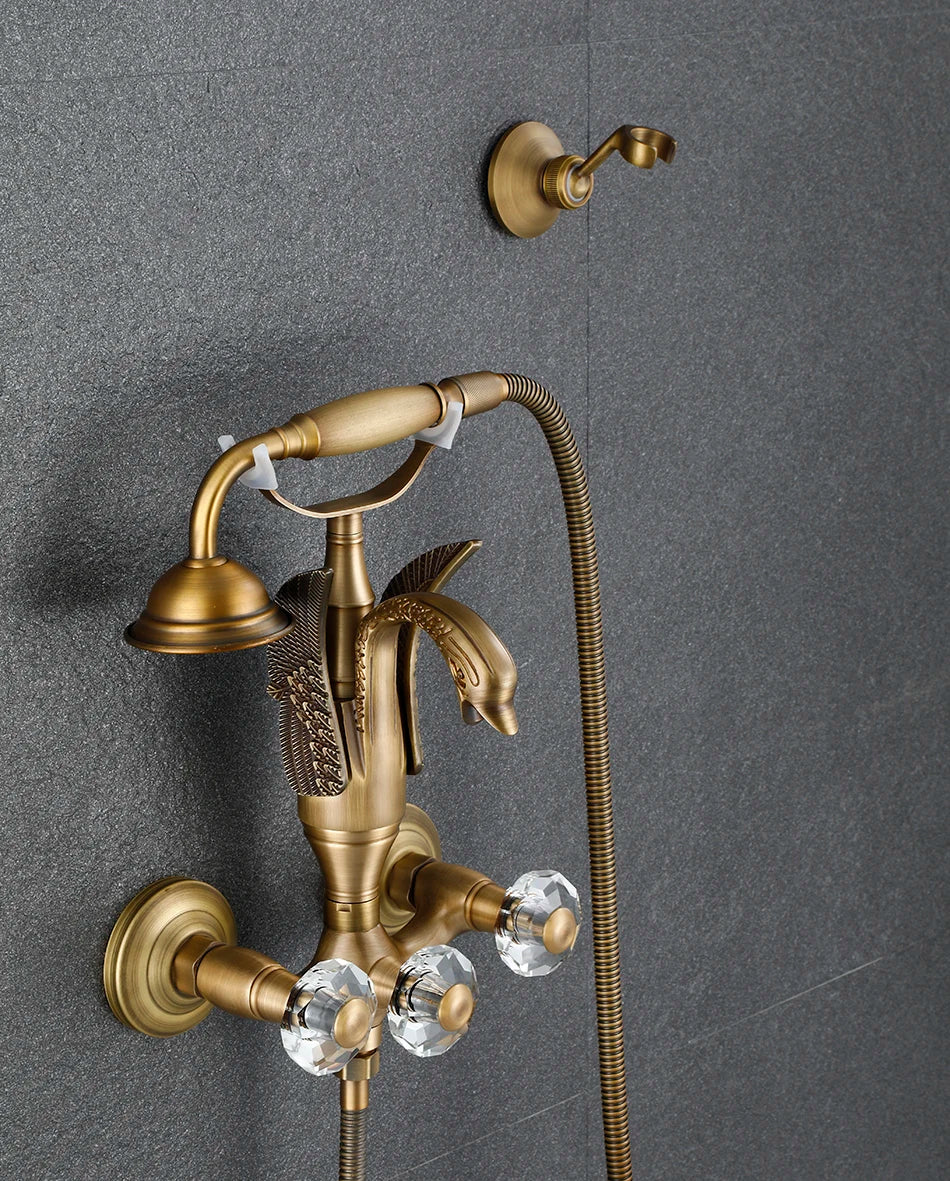 Luxury Golden Bathroom Swan Bathtub Faucet Wall Mounted Cold Hot Water Bath Shower Mixer Tap Brass Handshower Crystal handwheel