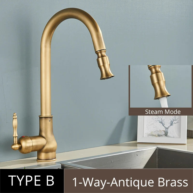 Uythner Antique Brass Kitchen Faucet Pull Out Kitchen Sink Water Taps Single Handle Mixer Tap 360 Rotation Cranes Deck Mounted