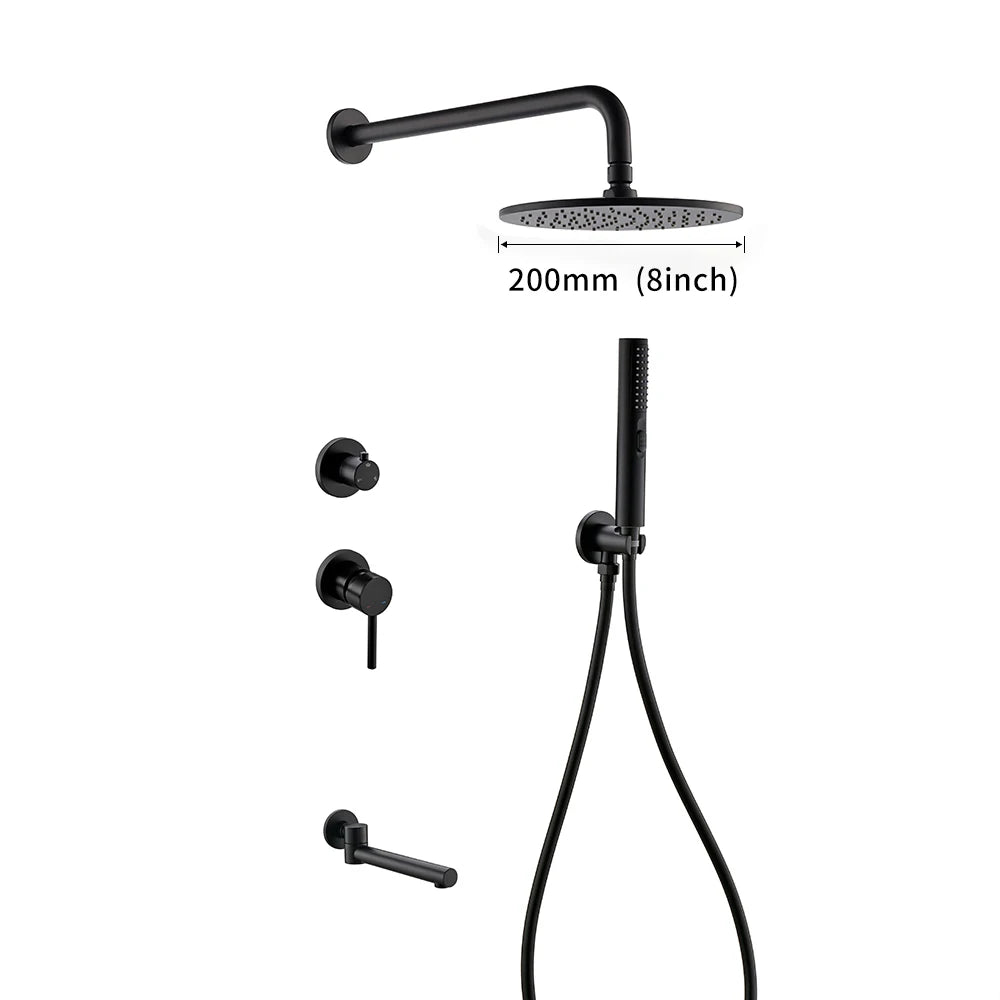 Bagnolux Brass Matte Black Wall Embed Mount 3-Function Concealed Shower System 10 Inch Top Rain Spray Bathroom Faucet