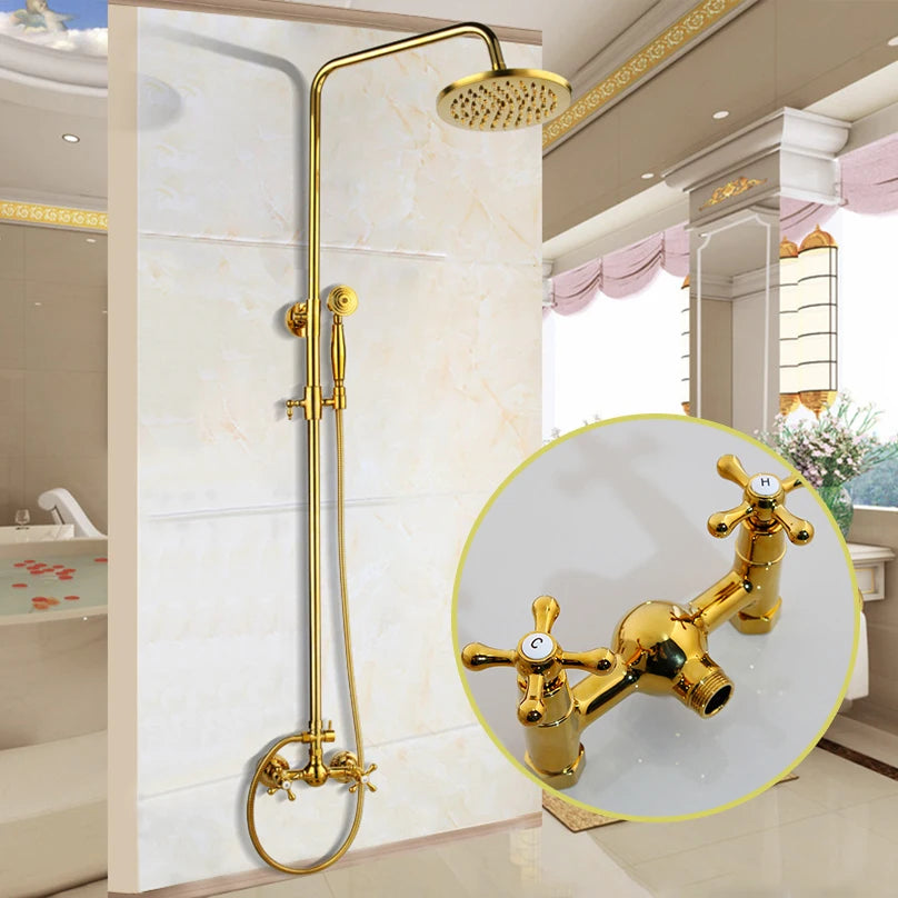 YANKSMART Gold Polished Bathroom Shower System Faucet Set Wall Mounted 3 Functions Rainfall Round Showers Head Mixer Water Tap