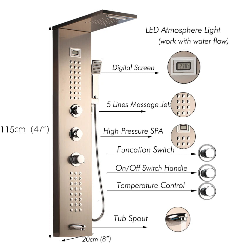 JIENI Brushed Nickel Wall Mounted Bathroom Shower Column 3 HandleS Hand Shower Tub Spout Massage System Bathtub Shower Panel