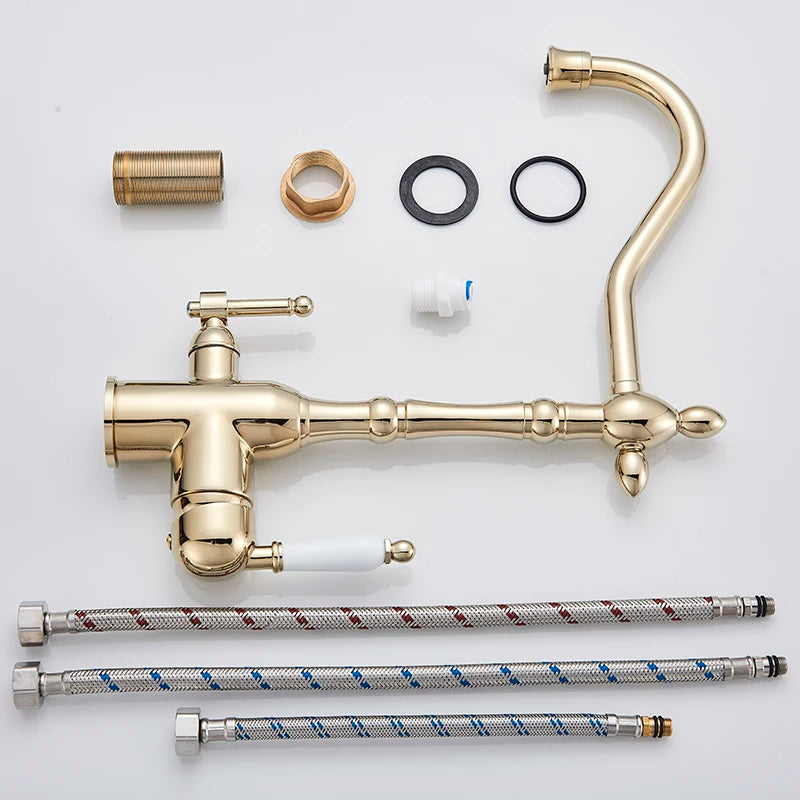 Golden Kitchen Filter Faucet Brass 360 Rotation Purification Kitchen Faucet Double Handle Dual Water Mode Hot Cold Mixer Taps