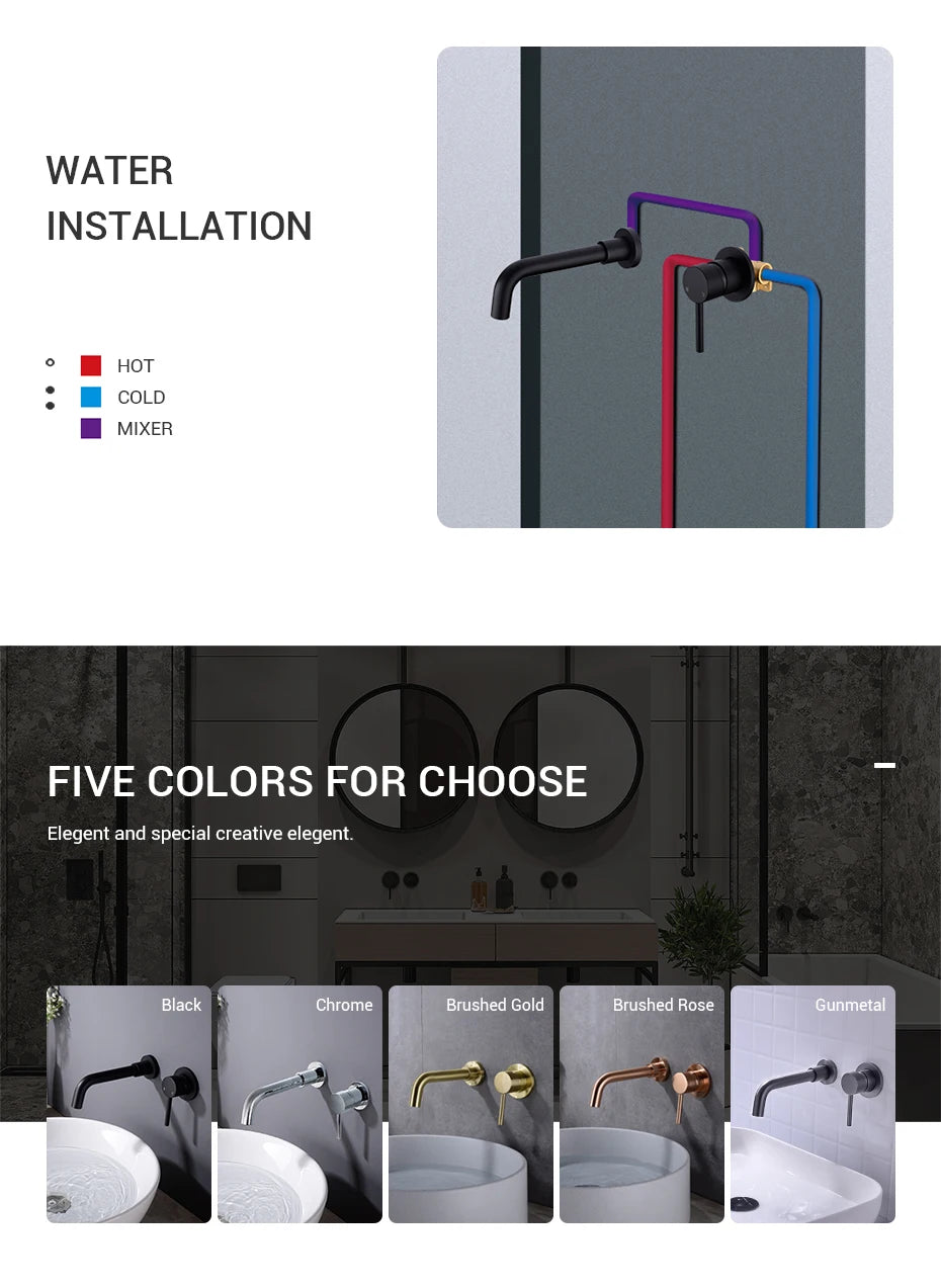 Black Bathroom Sink Faucet  Brass Tap Hot Cold Wash Basin Water Swivel Spout Wall Mounted Bath Mixer Brushed Gold Gunmetal
