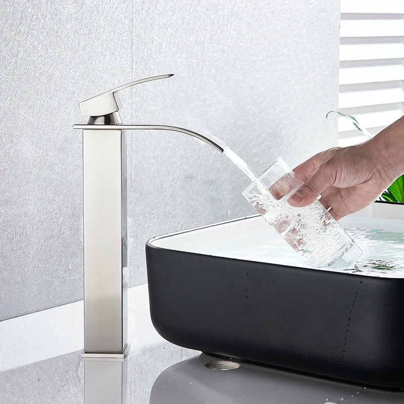 Matte Black Basin Faucet Waterfall Washbasin Vanity Above Counter Sink Faucet Hot & Cold Mixer Tap Deck Mounted Bathroom Crane