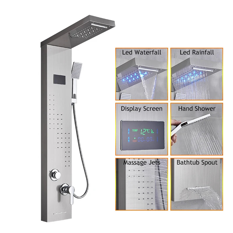 Bathroom LED Rain/Waterfall Head Shower Panel Digital Display Screen Massage Jets Waterfall Bath Tub Spout Shower Column