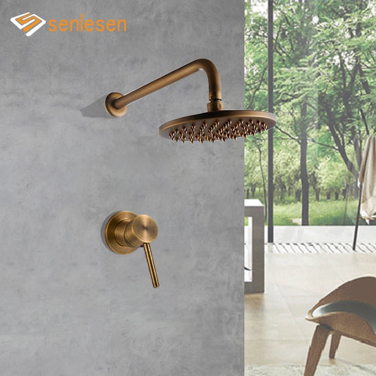 Senlesen Antique Brass Shower Faucets Set Ceramic Valve Core 8 inch Shower Head Wall Mount Hot Cold Mixer Tap Bathroom Faucet