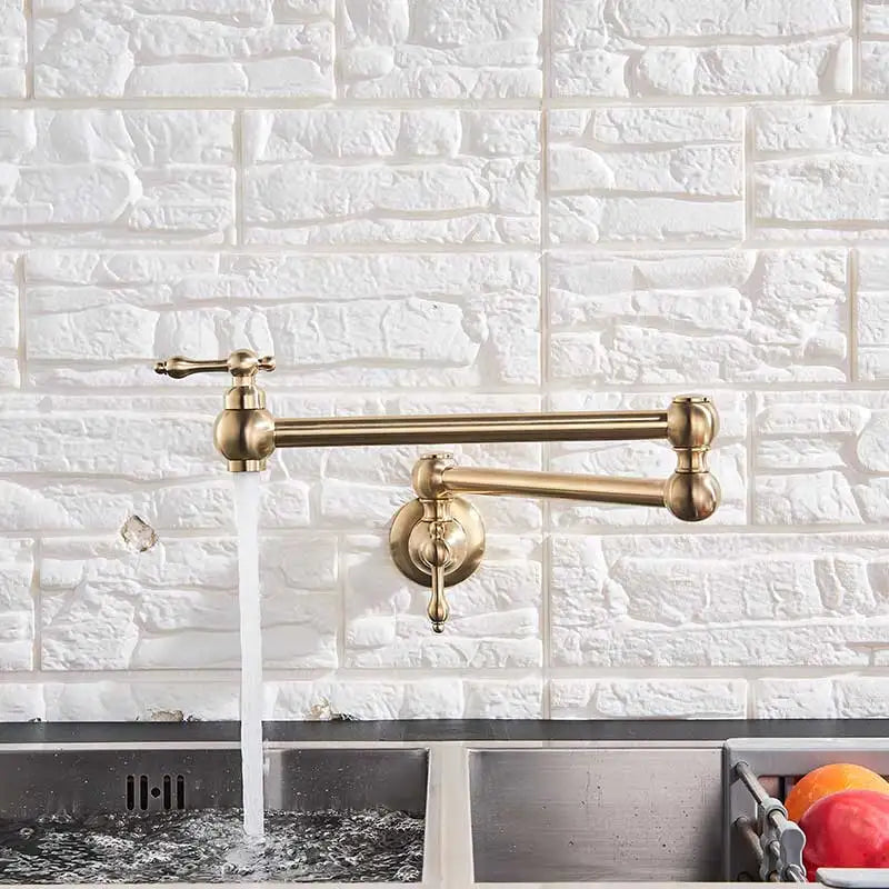 Brushed Gold Kitchen Faucet Wall Mount Bathroom Basin Faucet Cold Water Washing Tap Rotate Folding Spout Brass Vanity Sink Crane