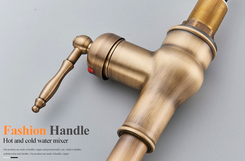 Uythner Antique Brass Kitchen Faucet Pull Out Kitchen Sink Water Taps Single Handle Mixer Tap 360 Rotation Cranes Deck Mounted