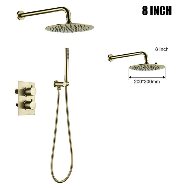 Brushed Gold  Thermostatic Mixer Diverter Set Bath Bathroom Shower Head Rianfall Luxury Combo Faucet Wall Mount Arm