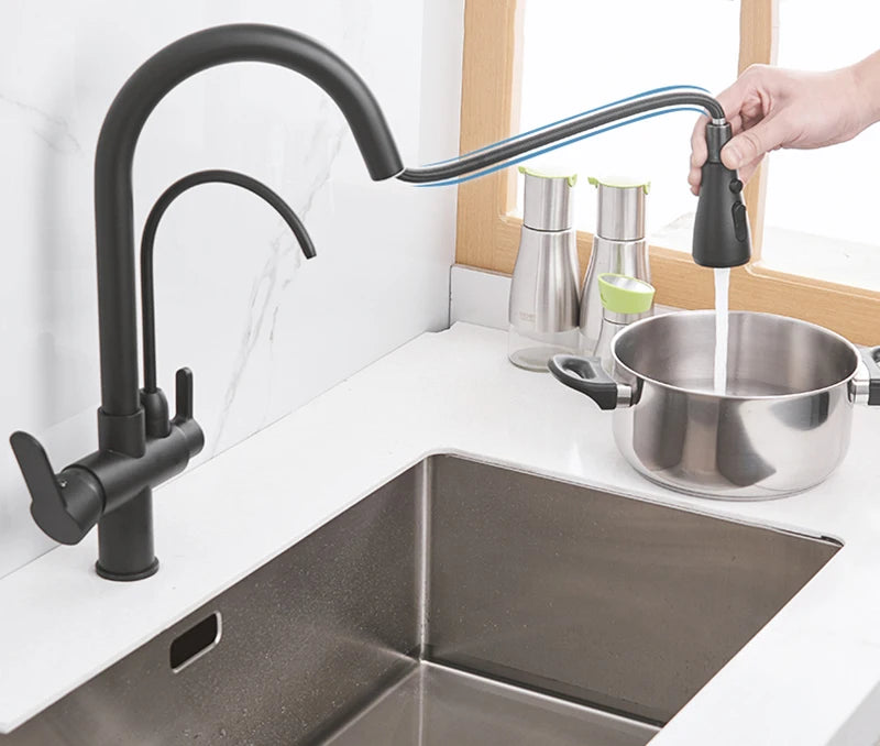 Black Gold Pure Water Faucet Spout Pull Out Dual Water Modes Kitchen Purification Sink Faucet  Kitchen Filtered Crane