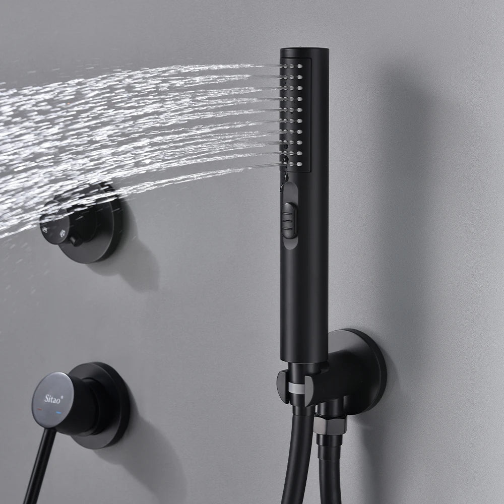 Bagnolux Brass Matte Black Wall Embed Mount 3-Function Concealed Shower System 10 Inch Top Rain Spray Bathroom Faucet