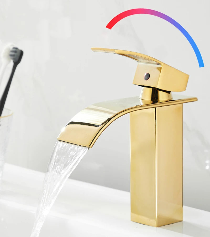 Basin Faucet Gold Waterfall Faucet Bathroom Faucet Deck Mounted Bathroom Toilet Basin Faucet Mixer Tap Hot and Cold Sink Faucet