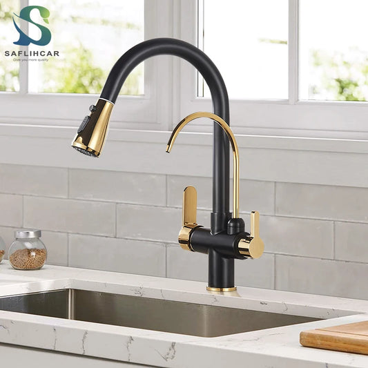 Black Gold Pure Water Faucet Spout Pull Out Dual Water Modes Kitchen Purification Sink Faucet  Kitchen Filtered Crane
