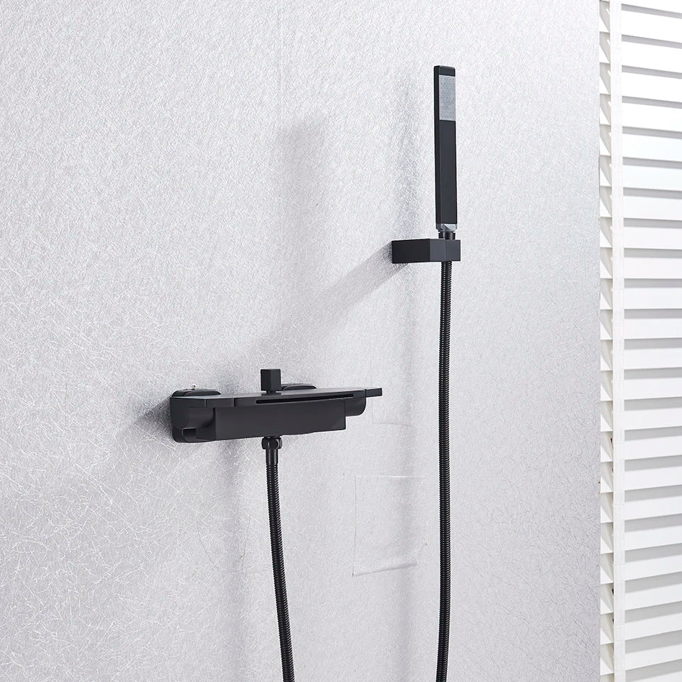 Bathroom Tub Faucet Single Handle Waterfall Spout Mixer Tap with Hand Shower Wall Mounted Bath Faucet Bathtub Faucet Water Mixer
