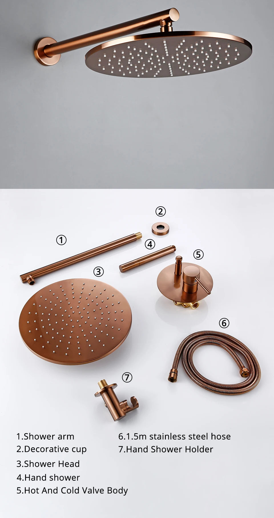 Shower Set Bath Brushed Rose Gold Rainfall Bathroom Faucet Brass Diverter Mixer Tap Hand Held 8-12" Head Wall Arm Valve Kit