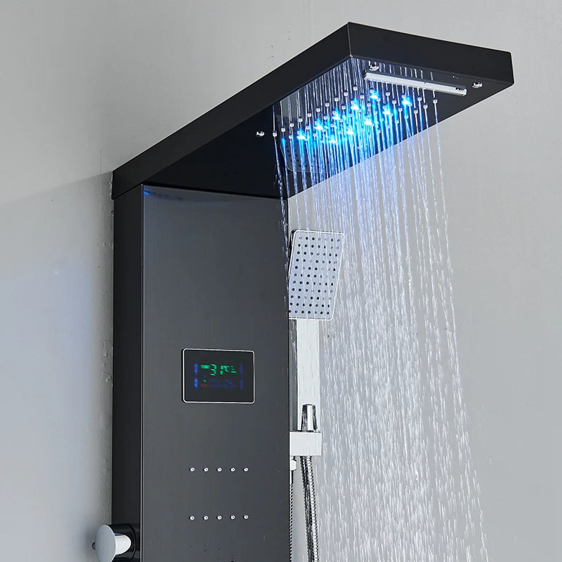 Bathroom LED Rain/Waterfall Head Shower Panel Digital Display Screen Massage Jets Waterfall Bath Tub Spout Shower Column
