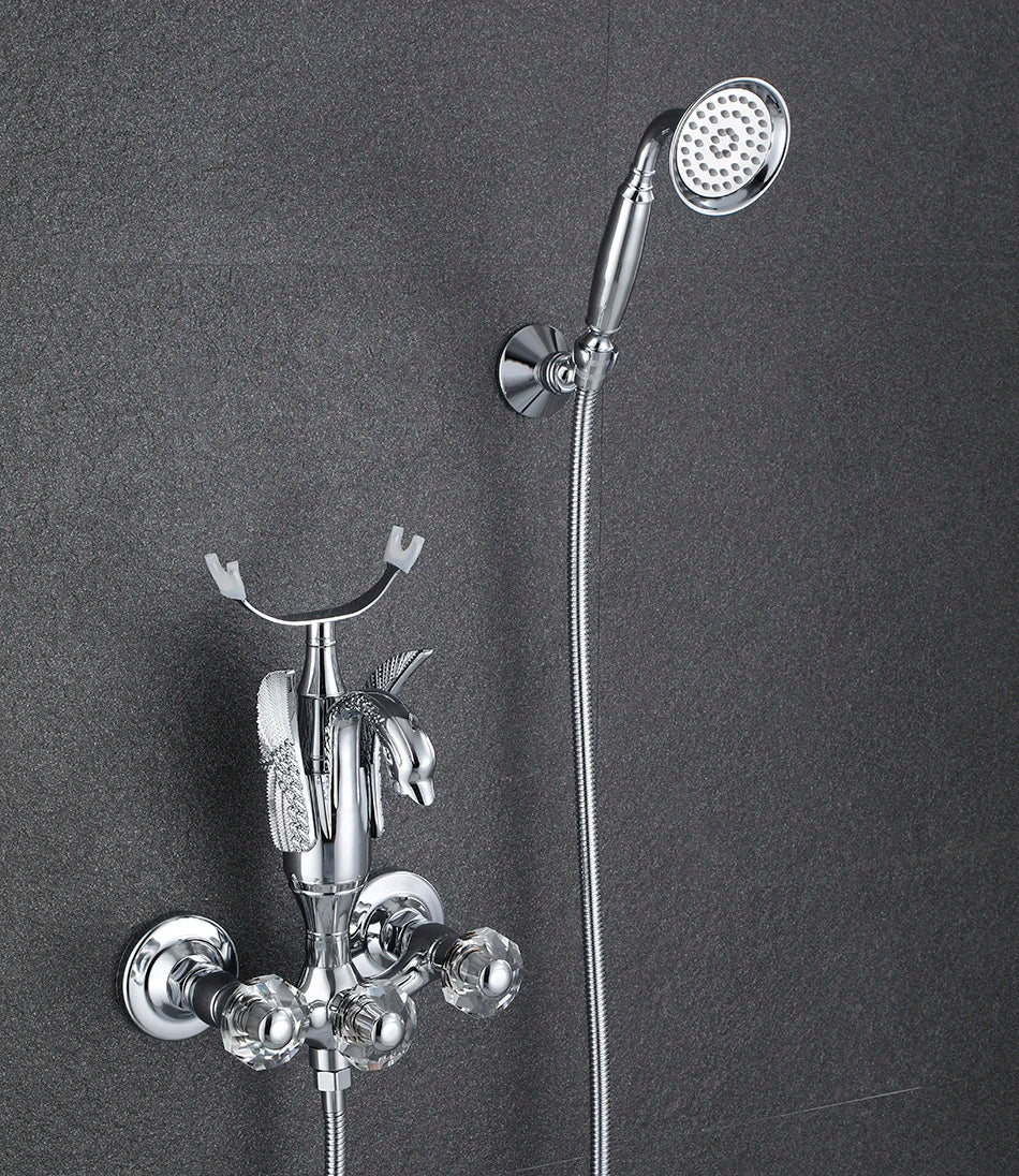 Luxury Golden Bathroom Swan Bathtub Faucet Wall Mounted Cold Hot Water Bath Shower Mixer Tap Brass Handshower Crystal handwheel