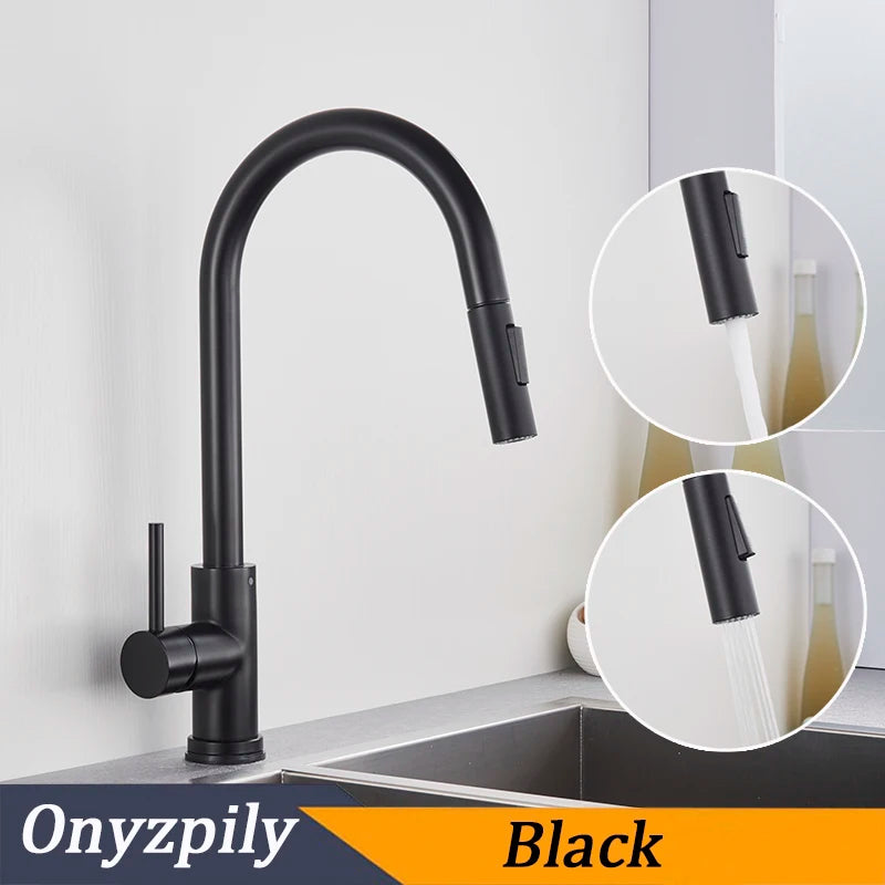 Brushed Smart Touch On Kitchen Faucet Sensor 360 Rotation Pull Out Single Handle Mixer Tap Two Water Modes Sink Crane Hot Cold