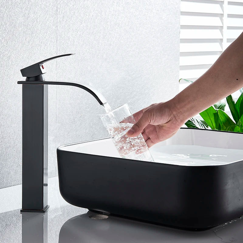 Matte Black Basin Faucet Waterfall Washbasin Vanity Above Counter Sink Faucet Hot & Cold Mixer Tap Deck Mounted Bathroom Crane