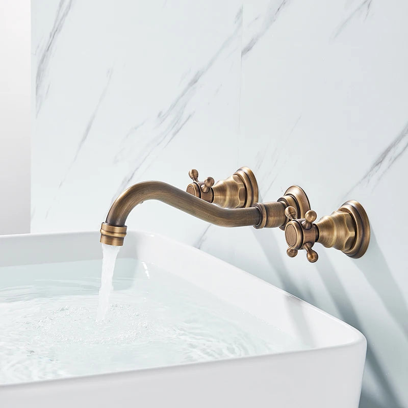 Rozin Black Basin Faucet Wall Mounted Dual Handles Bathroom Faucets Swivel Spout Antique Brass Crane Hot Cold Water Mixer Tap