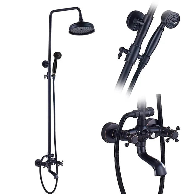 Bathroom Rainfall Shower Mixer Faucet Dual Handle Bath Shower Set Black Brass 8" Showerhead Shower Faucet System with Handshower