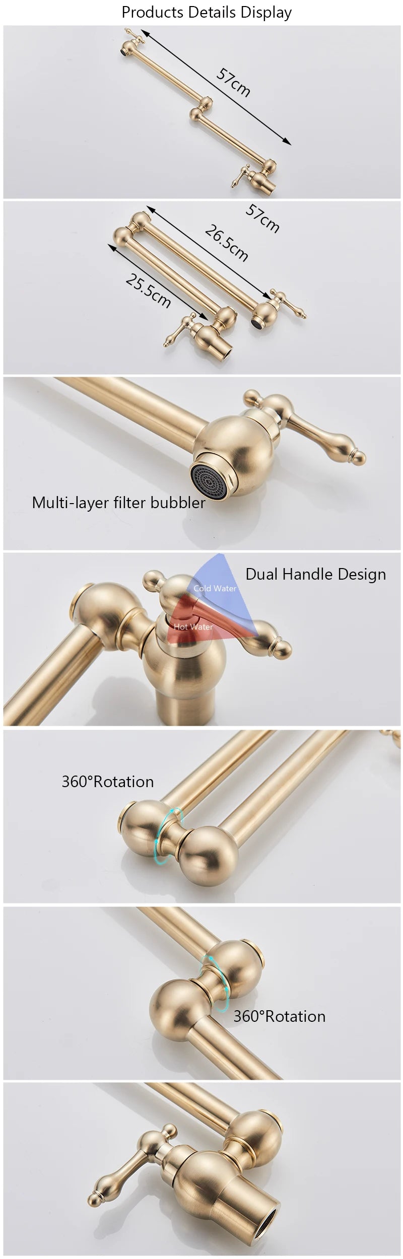 Brushed Gold Kitchen Faucet Wall Mount Bathroom Basin Faucet Cold Water Washing Tap Rotate Folding Spout Brass Vanity Sink Crane