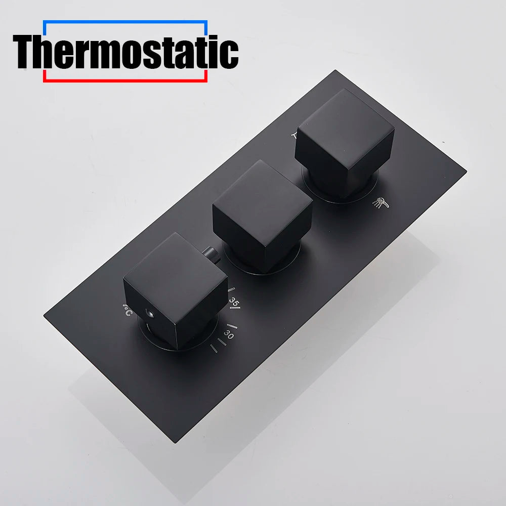 Black Thermostatic Shower Faucets Set Rain Waterfall Shower Head With 3/4-way Thermostatic Mixer Tap Bath Shower Faucet