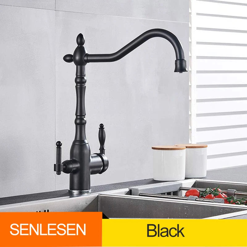 Golden Kitchen Filter Faucet Brass 360 Rotation Purification Kitchen Faucet Double Handle Dual Water Mode Hot Cold Mixer Taps