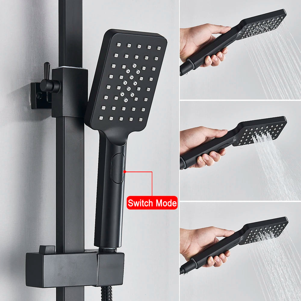 Black Thermostatic Shower Faucet Set 38℃ Rainfall Shower Mixer Crane Multifunctional Bathroom Faucet Bathtub Tap With Shelf