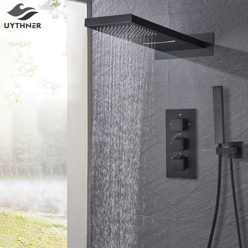 Luxury Waterfall Rainfall Shower Faucet Thermostat Valve Mixers Wall Mounted Thermostatic Shower Set With Handshower