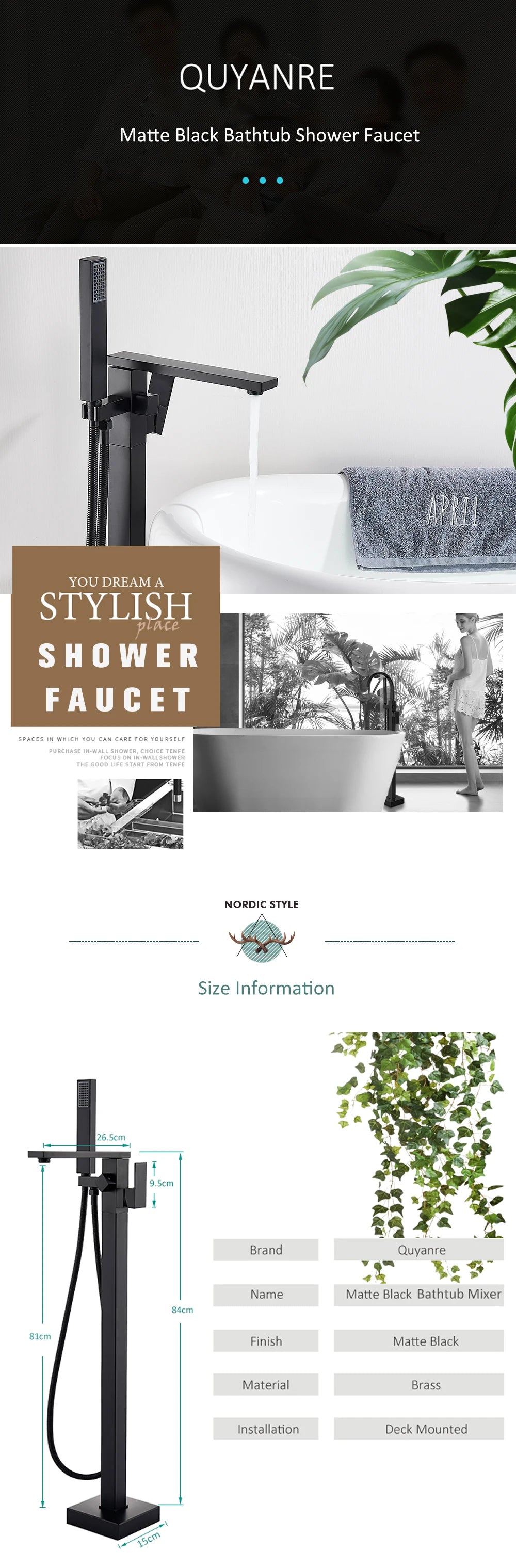 Quyanre Matte Black Square Bathtub Shower Faucets Floor Standing Faucet Hot Cold Water Shower Mixer Tap Bathroom Waterfall Mixer